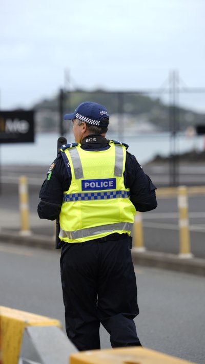 Un policía de espaldas controlando el acceso